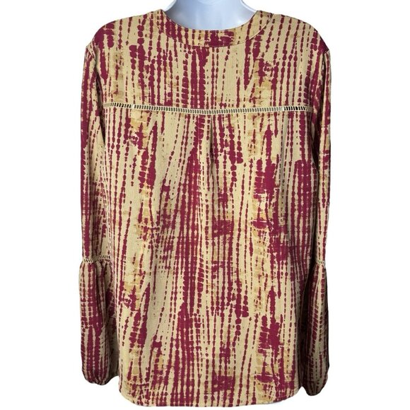 Tea, Please Red Beige Tie Dye Blouse Peasant Bohemian Cottagecore Country L - Picture 5 of 9